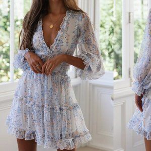 Beautiful Floral Long Sleeve Ruffle Mini Dress